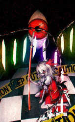 Rule 34 | 1girl, barefoot, black background, blonde hair, caution tape, chain, checkered floor, closed mouth, collared shirt, commentary request, crystal, denpa rasaito, eyepatch, flandre scarlet, frown, full body, hair between eyes, hair ribbon, highres, katana, keep out, long bangs, long hair, no headwear, one side up, planted, planted sword, planted weapon, red eyes, red ribbon, red skirt, red vest, ribbon, shirt, sitting, skirt, skirt set, solo, sword, touhou, vest, wariza, weapon, white shirt, wings