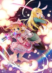 Rule 34 | 2girls, animal ears, bad id, bad pixiv id, blonde hair, blue eyes, brown hair, rabbit ears, cat ears, cat tail, glowing, glowing weapon, katana, long hair, magical girl, multiple girls, original, picter, red eyes, rocket launcher, short hair, sword, tail, thighhighs, twintails, weapon