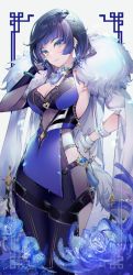 Rule 34 | 1girl, aqua eyes, blue hair, blush, bracelet, braid, breasts, cleavage, closed mouth, coat, coat on shoulders, commentary request, dress, earrings, fingerless gloves, fingernails, fur trim, genshin impact, gloves, hand on own hip, hand up, jewelry, kinokohime, lips, looking at viewer, medium breasts, mole, mole on breast, multicolored hair, short dress, short hair, simple background, skin tight, solo, yelan (genshin impact)