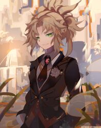 Rule 34 | 1girl, artist name, black jacket, blonde hair, boutonniere, braid, brooch, collared shirt, cowboy shot, f15xallen, fate/grand order, fate (series), green eyes, hair ornament, hair scrunchie, jacket, jewelry, long sleeves, looking at viewer, mordred (fate), mordred (formal dress) (fate), necktie, ponytail, red scrunchie, scrunchie, shirt, short hair, smile, solo