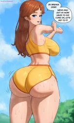 Rule 34 | 1girl, alternate hairstyle, ass, blue eyes, breasts, brown hair, curvy, english text, from behind, hair down, highres, huge ass, jiggle, large breasts, mario (series), nintendo, princess daisy, superbusty, sweat, tagme