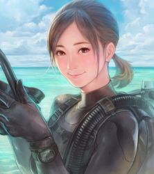 Rule 34 | 1girl, bodysuit, brown eyes, brown hair, day, diving mask, diving suit, goggles, looking at viewer, mask, unworn mask, ocean, original, short twintails, sky, smile, solo, suetomi masanao, swimsuit, twintails, watch, water, wetsuit
