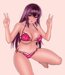 Rule 34 | 1girl, akira (yuibnm71), barefoot, bikini, blush, breasts, cleavage, collarbone, double v, fate/grand order, fate (series), graphite (medium), highres, large breasts, long hair, looking at viewer, navel, open mouth, pink background, pink bikini, purple bikini, purple hair, red eyes, scathach (fate), scathach (fate), scathach (swimsuit assassin) (fate), simple background, solo, squatting, swimsuit, thighs, traditional media, underboob, v