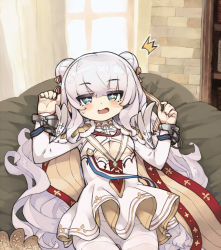 Rule 34 | + +, 1girl, :d, ^^^, azur lane, blue eyes, blush, breasts, brick wall, cleavage, cleavage cutout, clothing cutout, commentary request, curtains, double bun, dress, hair between eyes, hair bun, hands up, indoors, itsuki tasuku, le malin (azur lane), long hair, long sleeves, nervous smile, open mouth, pantyhose, silver hair, small breasts, smile, solo, sweat, thighband pantyhose, very long hair, white dress, white pantyhose, window
