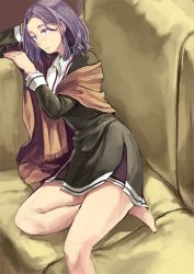 Rule 34 | 10s, 1girl, bare legs, barefoot, blanket, couch, dress, elbow rest, kani aruki (bucket crawl), kantai collection, legs up, parted bangs, purple eyes, purple hair, sketch, solo, tatsuta (kancolle)