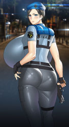 Rule 34 | 1girl, ass, back, beret, black hair, blue eyes, blush, breasts, capcom, clothes writing, curvy, dxcxc, fingerless gloves, from behind, gigantic breasts, gloves, gun, hat, holding, holding gun, holding weapon, jill valentine, looking back, outdoors, pants, pantylines, parted bangs, patch, photo background, police, police uniform, policewoman, resident evil, shiny clothes, shiny skin, shirt, short hair, shoulder patch, skin tight, tight clothes, tight pants, tight shirt, uniform, weapon
