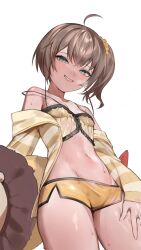 Rule 34 | 1girl, absurdres, ahoge, bare shoulders, blue eyes, blush, breasts, brown hair, camisole, commentary, cowboy shot, crop top, dolphin shorts, english commentary, frilled camisole, frills, from below, hair ornament, hair scrunchie, half-closed eyes, highres, hololive, jacket, kouhiipan, long sleeves, looking at viewer, looking down, micro shorts, natsuiro matsuri, natsuiro matsuri (matsuri&#039;s day off), navel, off shoulder, official alternate costume, open clothes, open jacket, parted lips, scrunchie, short hair, shorts, side ponytail, simple background, small breasts, smile, solo, spaghetti strap, stomach, strap slip, striped clothes, striped jacket, sweat, thighs, virtual youtuber, white background, yellow camisole, yellow jacket, yellow scrunchie, yellow shorts