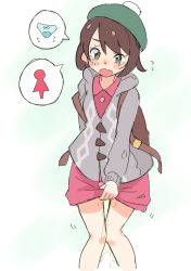 Rule 34 | 1girl, arm behind back, backpack, bag, beret, blue panties, blush, bow, bow panties, brown eyes, brown hair, cardigan, creatures (company), cropped legs, dress, embarrassed, female focus, flat chest, flying sweatdrops, game freak, gloria (pokemon), green hat, grey cardigan, hat, have to pee, hinahizu, knees together feet apart, long sleeves, nintendo, nose blush, open mouth, panties, peeing, peeing self, pink dress, pokemon, pokemon swsh, short hair, simple background, solo, speech bubble, standing, tears, underwear, wet, wet clothes, wet panties, white background
