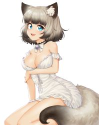 Rule 34 | 1girl, animal ears, bare shoulders, black hair, blunt bangs, bob cut, breasts, cat ears, cat girl, cat tail, character request, cleavage, collarbone, commission, copyright request, fang, gradient hair, grey hair, highres, large breasts, lips, looking at viewer, multicolored hair, open mouth, short hair, solo, susukitten, tail, teeth, upper teeth only
