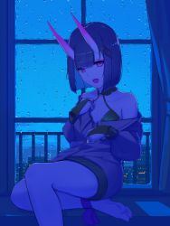Rule 34 | 1girl, absurdres, bare shoulders, barefoot, bob cut, breasts, bridal gauntlets, cityscape, collarbone, curtains, eyeliner, fate/grand order, fate (series), highres, horns, jacket, long sleeves, looking at viewer, makeup, off shoulder, oni, open mouth, purple eyes, purple hair, rain, revealing clothes, sawarineko, short hair, shuten douji (fate), sitting, skin-covered horns, small breasts, smile, solo, thighs, window
