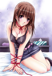 Rule 34 | 1girl, bare shoulders, bdsm, bed, belt, blush, bondage, bound, bound wrists, breasts, breasts squeezed together, brown eyes, brown hair, camisole, choker, cleavage, covered erect nipples, denim, denim skirt, highres, large breasts, legs, long hair, nanno koto, no bra, original, pencil skirt, pink eyes, purple eyes, ribbon, ribbon bondage, ribbon choker, rope, sitting, skirt, socks, solo, tissue, tissue box, unbuttoned
