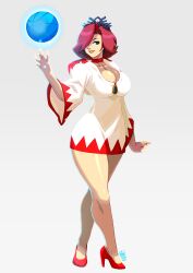 Rule 34 | 1girl, absurdres, ball, basketball (object), blue eyes, breasts, choker, commission, hair over one eye, high heels, highres, hooded robe, large breasts, mario sports mix, red choker, red hair, red trim, robe, solo, tovio rogers, white mage (final fantasy), white robe