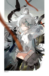 Rule 34 | 1girl, animal ear fluff, animal ears, arknights, blurry, blurry foreground, border, braid, closed mouth, depth of field, dress, fur trim, grey eyes, hair between eyes, hair ornament, highres, holding, jewelry, leopard ears, leopard tail, long hair, looking at viewer, necklace, pramanix (arknights), satonishi, signature, silver hair, sitting, snow, solo, tail, thighhighs, twin braids, very long hair
