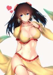 Rule 34 | 1girl, blue eyes, blush, breasts, brown hair, cleavage, crop top, earrings, fate/grand order, fate (series), finger to mouth, flower, hair flower, hair ornament, hoop earrings, jewelry, kameponde, large breasts, long hair, looking at viewer, mata hari (fate), midriff, navel, pelvic curtain, puffy short sleeves, puffy sleeves, shiny skin, short sleeves, skirt, skirt set, solo, thighs, twintails, two side up, wide sleeves
