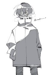 Rule 34 | 1other, ambiguous gender, greyscale, hands in pockets, highres, jacket, long sleeves, mizuwata, monochrome, original, qr code, short hair, simple background, solo, translation request, twitter username, white background