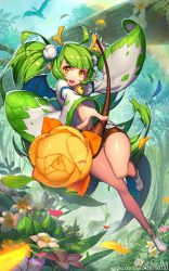 Rule 34 | 1girl, :d, alternate hair color, animal, antlers, bell, day, deer, dragon, flower, foreshortening, full body, green hair, hair flower, hair ornament, han-0v0, highres, horns, jingle bell, log, long hair, looking at viewer, lulu (league of legends), open mouth, original, outdoors, pointy ears, smile, solo, teeth, twintails, watermark, web address, wings, yellow eyes