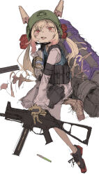 Rule 34 | 1girl, absurdres, animal ears, blonde hair, blue vest, bottle, fake animal ears, gradient hair, grenade hair ornament, gun, h&amp;k ump, highres, holding, holding bottle, holding gun, holding weapon, ikine tomeru, indie virtual youtuber, kappa modoki, multicolored hair, open mouth, pill, red eyes, red hair, shinsougumi, shirt, sidelocks, solo, submachine gun, tactical clothes, teeth, tongue, tongue out, twintails, upper teeth only, vest, virtual youtuber, weapon, white background, white shirt