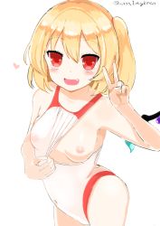 Rule 34 | 1girl, :d, bare arms, bare shoulders, blonde hair, blush, breasts, clothes pull, clothing aside, commentary request, competition swimsuit, covered erect nipples, cowboy shot, fang, flandre scarlet, hair between eyes, hamaburicchi, heart, highleg, highleg swimsuit, looking at viewer, navel, nipples, one-piece swimsuit, one-piece swimsuit pull, open mouth, red eyes, see-through, side ponytail, simple background, small breasts, smile, solo, swimsuit, swimsuit aside, touhou, twitter username, v, white background, wings
