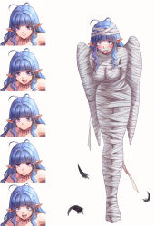 Rule 34 | 1girl, :d, absurdres, anger vein, antenna hair, bandages, blue hair, blush, commentary request, earrings, expressions, feathered wings, feathers, frown, full body, highres, jewelry, leno^a^, long hair, mummification (bound), necklace, open mouth, original, pointy ears, purple eyes, sad, smile, solo, surprised, tearing up, white background, wide-eyed, wings