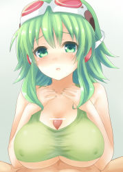 Rule 34 | 1girl, between breasts, blush, breasts, censored, clothed sex, goggles, goggles on head, green eyes, green hair, green shirt, gumi, hands on own chest, headphones, large breasts, long hair, looking at viewer, gumi (v3 megpoid), nail polish, nude, open mouth, paizuri, paizuri under clothes, penis, red-tinted eyewear, sex, shirt, short hair, solo focus, tank top, tinted eyewear, toppiroki, vocaloid