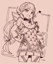 Rule 34 | 1girl, :d, armor, bad id, bad twitter id, braid, cropped legs, crown braid, eyebrows, facing away, fire emblem, fire emblem heroes, gloves, hair flaps, hand on own hip, heart, legs apart, long hair, long sleeves, low-tied long hair, miniskirt, monochrome, nintendo, open mouth, pink background, pleated skirt, puffy long sleeves, puffy sleeves, scale armor, sharena (fire emblem), shoulder pads, single braid, skirt, smile, solo, standing, yokoyoko (nazonazo)