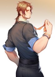 Rule 34 | 1boy, ass, bangle, belmond banderas, belt, black belt, black pants, black shirt, bracelet, brown background, brown eyes, brown hair, collared shirt, from behind, gradient background, hand up, henrryxv, highres, jewelry, looking at viewer, looking back, low ponytail, male focus, nijisanji, pants, parted bangs, ponytail, shirt, short sleeves, solo, striped clothes, striped pants, thick eyebrows, vertical-striped clothes, vertical-striped pants, virtual youtuber, white background