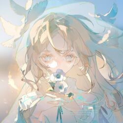 Rule 34 | 1girl, bandaged wrist, bandages, bird, blonde hair, blue eyes, commission, dappled sunlight, floating hair, flower, gradient background, highres, holding, holding flower, long hair, looking at viewer, mirrowom, original, outdoors, pale skin, parted bangs, signature, simple background, solo, sunlight, upper body, watermark