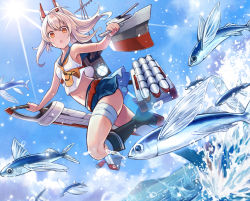 Rule 34 | 1girl, :o, animal, ayanami (azur lane), azur lane, bare arms, bare shoulders, black footwear, blue sailor collar, blue skirt, blue sky, boots, brown eyes, cannon, cloud, commentary request, crop top, day, fish, flying fish, hair between eyes, headgear, highres, holding, holding sword, holding weapon, knee boots, light brown hair, long hair, looking at viewer, machinery, midriff, navel, open mouth, outdoors, pleated skirt, ponytail, sailor collar, school uniform, serafuku, shirt, sidelocks, skirt, sky, sleeveless, sleeveless shirt, solo, standing, standing on one leg, sword, turret, water, weapon, white shirt, yuko (uc yuk)