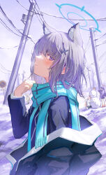 Rule 34 | 4girls, absurdres, animal ear fluff, animal ears, black jacket, blue archive, blue halo, blue scarf, blush, cross hair ornament, extra ears, grey hair, hair ornament, halo, highres, hoshino (blue archive), jacket, long sleeves, looking at viewer, medium hair, multiple girls, nonomi (blue archive), okomekura, open clothes, open jacket, power lines, purple eyes, revision, scarf, serika (blue archive), shiroko (blue archive), snow, snowman, utility pole, wolf ears