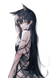 Rule 34 | 1girl, absurdres, animal ears, arknights, backless outfit, black dress, black hair, blush, closed mouth, commentary, dress, earrings, highres, jewelry, long hair, looking at viewer, looking back, simple background, smile, solo, texas (arknights), upper body, veilrain, very long hair, white background, wolf ears, wolf girl, yellow eyes
