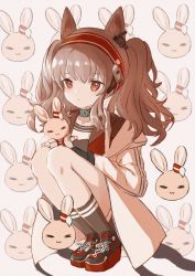 Rule 34 | 1girl, angelina (arknights), animal ears, arknights, black shorts, blush, brown hair, choker, coat, double horizontal stripe, earpiece, gloves, hairband, highres, jacket, rabbit, red hairband, shoelaces, shorts, solo, squatting, striped clothes, striped hairband, striped jacket, white coat, white jacket
