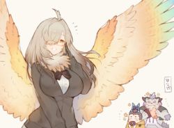 Rule 34 | 1girl, 3boys, adjusting eyewear, ahoge, animal hands, bow, bowtie, breasts, brown hair, cake, candy, character request, chocolate, chocolate bar, commentary request, doughnut, eating, feathered wings, feathers, food, furry, gradient hair, grey hair, harpy, inukai kenta, large breasts, monster girl, multicolored hair, multiple boys, neck fur, neck ruff, one eye covered, orange feathers, red-framed eyewear, simple background, swiss roll, tokyo houkago summoners, white background, wings, yellow eyes, yellow feathers, zhuzi, ziz (housamo)