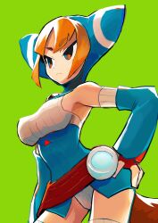 Rule 34 | 1girl, animal hood, breasts, breath of fire, breath of fire v, cat hood, closed mouth, frown, fukuda (okometani), gloves, highres, hood, lin (breath of fire), medium breasts, orange hair, short hair, simple background, solo, tail, thighhighs