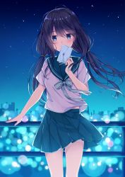 Rule 34 | 1girl, blue bow, blue eyes, blue sailor collar, blue skirt, blurry, blush, bokeh, bow, brown hair, commentary request, covered mouth, depth of field, envelope, hair between eyes, hand up, highres, holding, holding envelope, long hair, looking at viewer, night, night sky, original, outdoors, pleated skirt, railing, sailor collar, school uniform, serafuku, shirt, short sleeves, skirt, sky, solo, star (sky), starry sky, taiyaki (astre), very long hair, white shirt