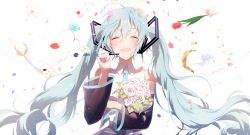 Rule 34 | 1girl, 39, 2019, ^ ^, aqua flower, bare shoulders, blue hair, blue nails, blue necktie, bouquet, character name, closed eyes, commentary, dated, detached sleeves, fingernails, flower, happy, hatsune miku, headset, highres, holding, holding bouquet, holding flower, holding microphone, leaf, long hair, microphone, nail polish, necktie, open mouth, orange flower, petals, red flower, red tulip, ribbon, rose, sena tea29, shirt, simple background, sleeveless, sleeveless shirt, smile, solo, standing, tulip, twintails, upper body, very long hair, vocaloid, white background, white flower, white ribbon, white rose, white shirt