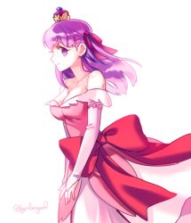 Rule 34 | 1girl, bare shoulders, breasts, bridal gauntlets, byulrorqual, cleavage, crown, dress, elbow gloves, fate/stay night, fate (series), gloves, gown, hair ribbon, matou sakura, official alternate costume, purple eyes, purple hair, ribbon, solo
