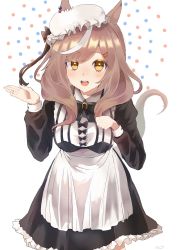 Rule 34 | 1girl, animal ears, apron, black dress, blush, brown hair, brown tail, commentary request, dress, frilled apron, frilled dress, frills, hair ornament, hairclip, happy, hat, highres, horse ears, horse girl, horse tail, leaning forward, long sleeves, maid apron, matikane tannhauser (umamusume), mengo (captainmeteor6), mob cap, open mouth, solo, tail, teeth, umamusume, upper teeth only, waist apron, white apron, white hat, yellow eyes
