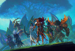 Rule 34 | 3boys, 4girls, alexstrasza, antlers, armor, artist name, bayard wu, belt, black gloves, boobplate, breastplate, casting spell, colored skin, copyright name, copyright notice, dragon horns, dress, ebyssian, elf, faulds, floating, floating hair, full body, glaive (polearm), gloves, greaves, green dress, green hair, highres, holding, holding polearm, holding weapon, horn ornament, horn ring, horns, kalecgos, looking at viewer, magic, merithra, multiple boys, multiple girls, night elf (warcraft), nozdormu, official art, outdoors, pauldrons, pelvic curtain, pointy ears, polearm, purple robe, purple skin, red hair, robe, scythe, shoulder armor, standing, tauren (warcraft), tree, tyrande whisperwind, vambraces, vyranoth, walking, warcraft, weapon, weapon on back, white dress, wind, world of warcraft, yellow eyes