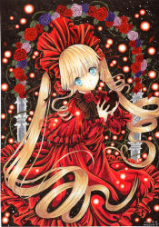 Rule 34 | 1girl, aqua eyes, blonde hair, blue flower, blue rose, candy, capelet, chocolate, chocolate heart, dated, dress, flower, food, happy valentine, hat, heart, lolita fashion, long hair, looking at viewer, marker (medium), mosho, red dress, red flower, red rose, rose, rozen maiden, shinku, signature, solo, too many, traditional media, twintails, very long hair