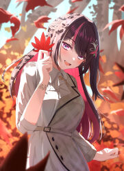 Rule 34 | 1girl, absurdres, autumn leaves, azki (4th costume) (hololive), azki (hololive), blush, brown hair, brown jacket, collared dress, colored inner hair, dress, highres, holding, holding leaf, hololive, jacket, leaf, long hair, multicolored hair, nmhdtnr1, official alternate costume, open mouth, pink hair, purple eyes, smile, solo, streaked hair, teeth, upper teeth only, virtual youtuber, white dress