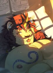Rule 34 | 1boy, :p, absurdres, animal ears, bara, bare pectorals, brown hair, chest tattoo, commentary, fang, furry, furry male, hair between eyes, highres, horns, kiekoio, lion boy, lion ears, long hair, male focus, muscular, muscular male, nipples, on bed, one eye closed, paper, pazuzu (housamo), pectorals, pillow, ring hair ornament, self-upload, single horn, smile, solo, tattoo, thick eyebrows, tokyo houkago summoners, tongue, tongue out, upper body, window shadow, yellow eyes