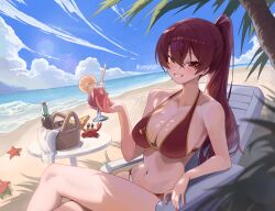 Rule 34 | 1girl, absurdres, bikini, blush, breasts, cloud, cocktail, collarbone, crab, hair between eyes, heterochromia, highres, hololive, houshou marine, large breasts, long hair, looking at viewer, navel, ponytail, red bikini, red eyes, red hair, sand, sitting, solo, swimsuit, syc2159, virtual youtuber, water, yellow eyes
