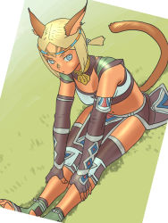 Rule 34 | 1girl, animal ears, blonde hair, blue eyes, blue pupils, breasts, cat ears, cat girl, cat tail, cleavage, dark-skinned female, dark skin, elbow gloves, final fantasy, final fantasy xi, fingerless gloves, gloves, grass, grey gloves, hands on own legs, loincloth, mithra (ff11), navel, no eyebrows, short hair, sitting, solo, tail, toeless footwear, yuccoshi