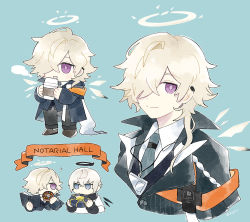 Rule 34 | 2boys, ?, arknights, bishounen, blue eyes, book, chibi, coffee, coffee cup, cup, disposable cup, doughnut, enforcer (arknights), english text, executor (arknights), explosive, food, hair over eyes, hair over one eye, halo, male focus, mechanical halo, mine (weapon), multiple boys, necktie, purple eyes, shirt, simple background, soppos, white hair, white shirt, wings
