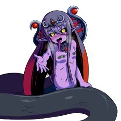 Rule 34 | 1girl, :d, aged down, apophis (monster girl encyclopedia), bandaid, bandaids on nipples, black hair, black sclera, blush, breasts, breath, colored sclera, colored skin, colored tongue, diadem, fangs, forked tongue, jewelry, lamia, long hair, long tongue, looking at viewer, monster girl, monster girl encyclopedia, multicolored hair, nav (itsnav), navel, necklace, nude, open mouth, outstretched hand, pasties, pointy ears, purple skin, purple tongue, red hair, slit pupils, small breasts, smile, solo, sweat, tongue, tongue out, two-tone hair, very long hair, yellow eyes