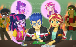 Rule 34 | 2girls, 3boys, circuit board, flash sentry, glasses, micro chips, multiple boys, multiple girls, my little pony, my little pony: equestria girls, my little pony: friendship is magic, personification, sandalwood, sci-twi, soldering iron, sunset shimmer, sweat, tagme, tears, twilight sparkle, uotapo