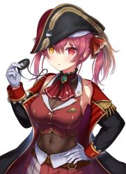 Rule 34 | 1girl, ascot, belt, black jacket, blush, bodysuit, breasts, cleavage, commentary request, crop top, eyepatch, hair between eyes, hair ornament, hat, heterochromia, highres, holding eyepatch, hololive, houshou marine, jacket, long sleeves, looking at viewer, medium breasts, open clothes, open jacket, oridays, pirate hat, pleated skirt, red ascot, red eyes, red hair, red skirt, see-through, see-through cleavage, sidelocks, simple background, skirt, solo, twintails, unworn eyepatch, virtual youtuber, white background, yellow eyes