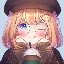 Rule 34 | 1girl, :p, blonde hair, blue background, blue eyes, bob cut, brown coat, brown headwear, coat, coffee, commentary, earrings, english commentary, frappuccino, glasses, hair ornament, hairclip, hands on own chin, heart, heart earrings, hololive, hololive english, iced coffee, jewelry, light blush, long sleeves, one eye closed, plaid, plaid coat, round eyewear, short hair, simple background, solo, sora rinn, tongue, tongue out, virtual youtuber, watson amelia, whipped cream