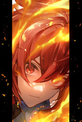 Rule 34 | 1boy, closed eyes, closed mouth, commentary request, diluc (genshin impact), expressionless, fire, genshin impact, glowing, glowing eye, hair between eyes, highres, kokollet, long hair, looking at viewer, male focus, pillarboxed, portrait, red eyes, red hair, signature, solo