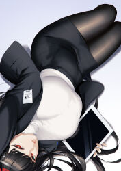 Rule 34 | 1girl, arm up, black hair, black jacket, black pantyhose, black skirt, black suit, blue archive, blueorca, blunt bangs, breasts, bright pupils, fine fabric emphasis, formal, hair ornament, hairband, hairclip, halo, highres, holding, holding tablet pc, huge breasts, id card, jacket, large breasts, long hair, long sleeves, looking at viewer, lying, miniskirt, on back, on side, open clothes, open jacket, pantyhose, parted lips, pencil skirt, red eyes, rio (blue archive), school uniform, shirt, simple background, skirt, solo, suit, sweater, tablet pc, taut clothes, taut shirt, taut sweater, thighs, turtleneck, turtleneck sweater, uniform, upside-down, very long hair, white pupils, white shirt, white sweater